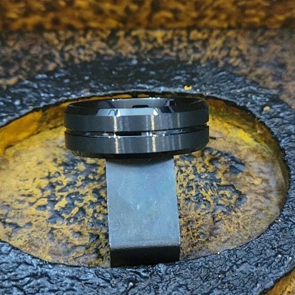 Personalized Engraved Men's Black Tungsten Wedding Ring Black Line Center Groove - Picture 7 of 7